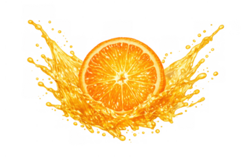 Fresh orange slice splashing into vibrant juice, creating a dynamic citrus explosion with a transparent background
