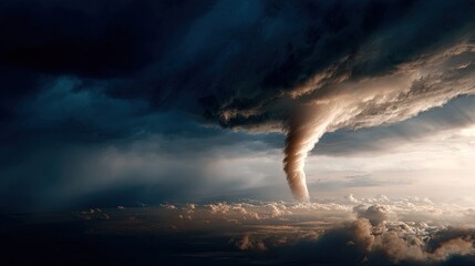 Massive powerful funnel cloud tornado twisting through dramatic storm clouds with sunlight illuminating the scene