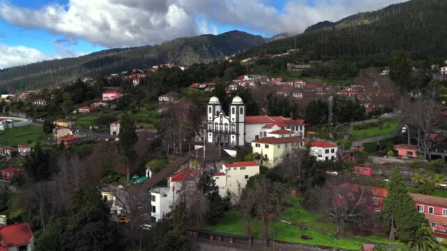 Aerial view about the Igreja de Nossa Senhora do Monte what is an iconic landmark in Madeira islands, Portugal. 