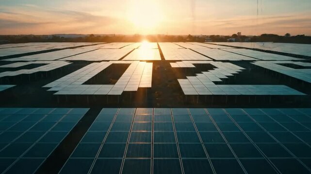 Aerial View of Solar Farm Forming the Year 2032 at Sunset