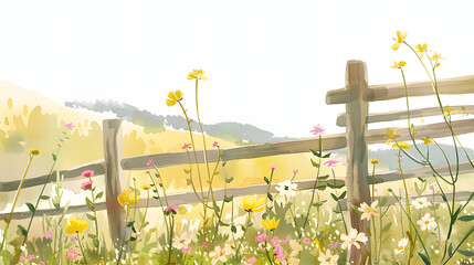 flat watercolor illustration wooden fence