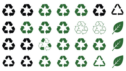 Collection of various stylized universal recycling symbols in black green and outline variations along with natural green leaf icons representing environmental awareness and sustainability concepts
