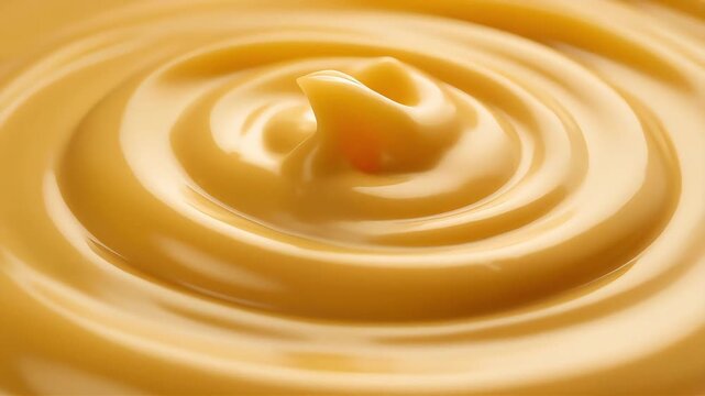 Macro close-up of smooth cheese sauce surface with slow thick creamy motion and glossy texture, ultra-realistic comfort food background for advertising, branding, and packaging.