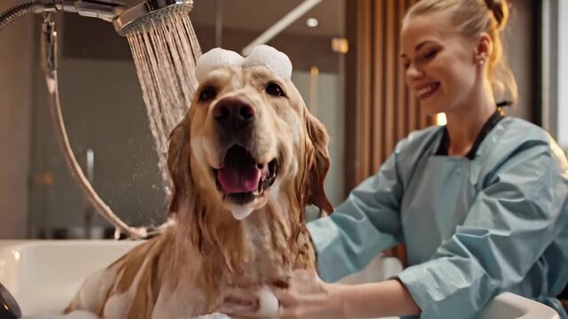 Professional dog grooming golden retriever being bathed and soaped in a white tub by a smiling groomer