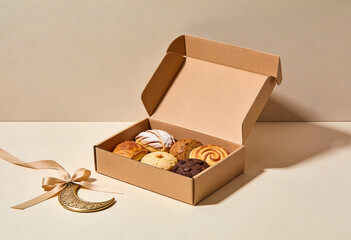 Ramadan: Open cardboard box filled with assorted pastries and a crescent moon charm cookies