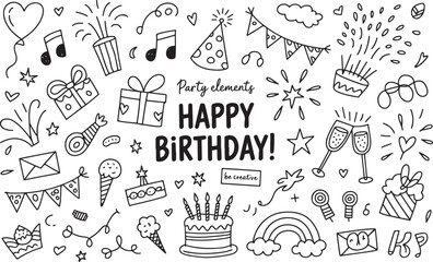 Happy birthday greeting with party elements for celebration of fun festive time