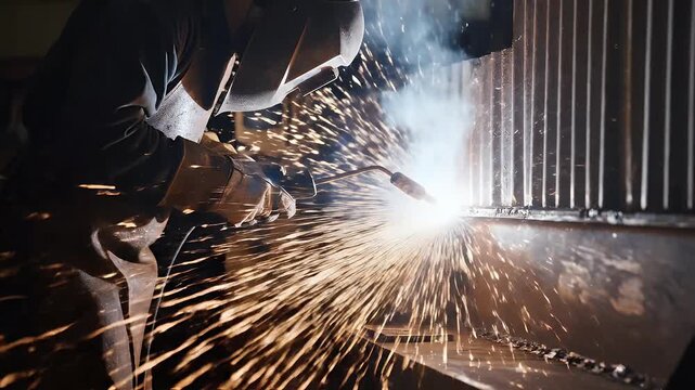 A welder, protected by a helmet, expertly welds metal, creating sparks and light.