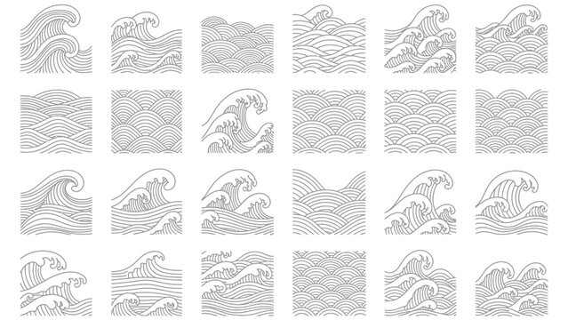 Collection of various traditional japanese style line art wave patterns perfect for graphic design elements or textile print inspiration in a striking black and white illustration set.