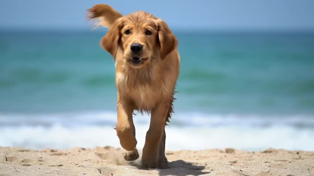 Happy golden retriever dog running on sandy beach with blue sea waves, summer day.