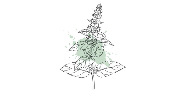Detailed black and white sketch of a peppermint plant with delicate leaves and flowers over a soft green watercolor paint splash.