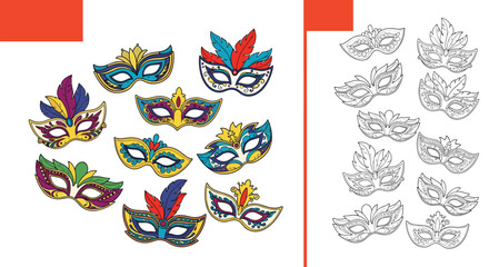 Naklejka premium Educational page with colorful carnival masks and their corresponding black and white outlines for children to color and play.