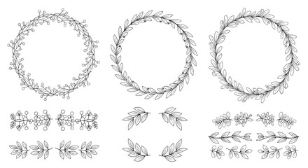 Obraz premium Collection of delicate black leaf wreaths and botanical borders in a hand drawn ink style perfect for elegant wedding stationery.