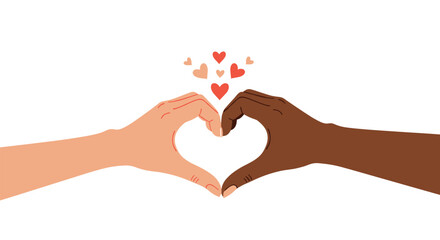 Fototapeta premium Hands of different skin tones come together to form a heart shape with small red hearts floating above to celebrate diversity and love.