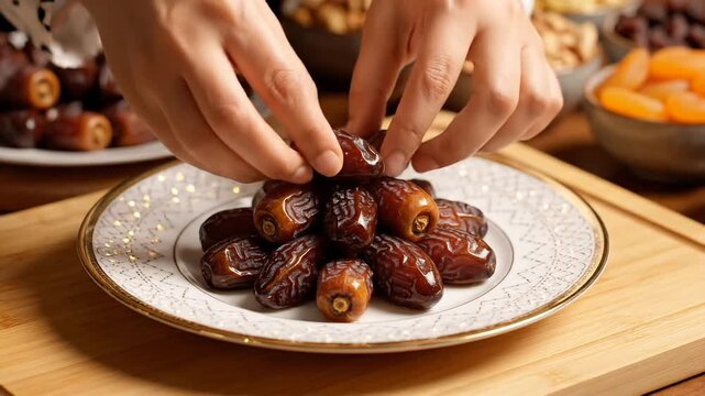 Overhead shot of hands carefully placing shiny dark dates on a gold-rimmed white plate. Warm kitchen lighting creates a nurturing atmosphere with a blurred counter 4K