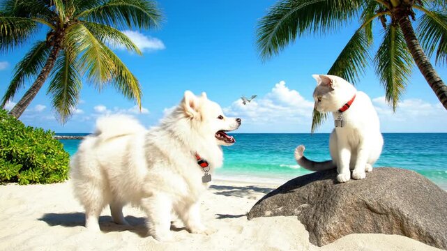 Two white dogs playing on a beach with palm trees, ocean, and sunny sky in background, ideal for travel or pet advertising