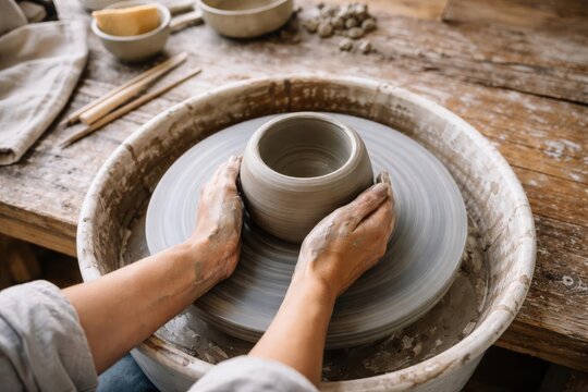 Artisan hands molding wet clay vessel on spinning wheel in workshop