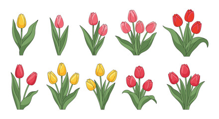 Vibrant collection of ten tulip flower bouquets in various shades of yellow, pink, and red with green leaves and stems.