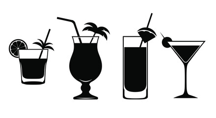 Set of four black silhouettes of different cocktail and mocktail glasses featuring garnishes like lemon, pineapple, and olives.