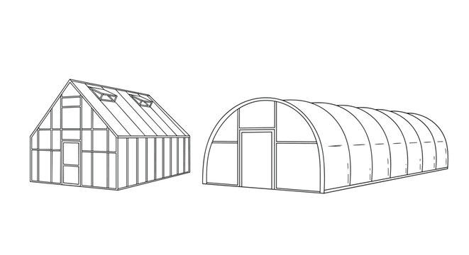 Set of two different greenhouse structures illustrated in simple black line art, including a gabled and a hoop-style design.