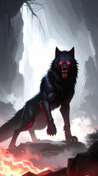 Ferocious Black Anime Wolf with Glowing Crimson Eyes in a Dark Misty Landscape with Fire Sparks