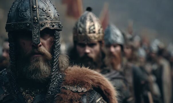 Viking Warriors Marching in Formation, Ready for Battle, Historical Scene.