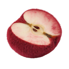 Surreal silliness concept art of red apple with fluffy fur texture isolated on transparent background