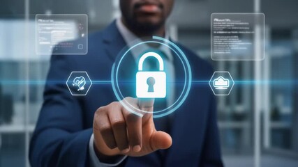 Businessman in office setting interacting with futuristic cybersecurity interface with lock icon - Powered by Adobe