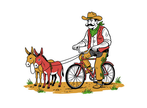 Funny cowboy vintage illustration. Wild West mascot pulling donkeys on a bicycle. Retro cartoon vector artwork. Western comedy graphic for t shirt pri