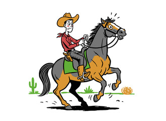 Funny cowboy riding a frightened horse illustration. Wild West rodeo vintage cartoon character design. Western adventure comic style artwork. Graphics
