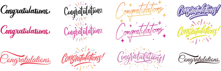 Congratulations text icon set, calligraphy “Congratulations”, elegant typography design, hand-drawn congratulations, script font illustration, decorative text design, stylish congratulations. © ZK Vectors