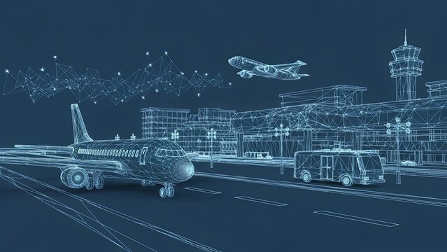 Digital wireframe visualization of an international airport terminal complex featuring passenger jet aircraft on tarmac and airborne