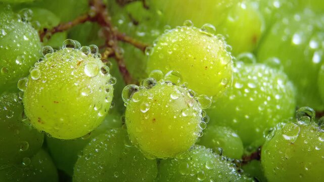 Fresh green grapes with water droplets resting on them in a close-up view showcasing their texture and shine in natural light