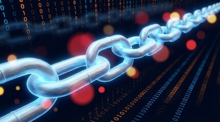 Blockchain technology concept with glowing chain and binary code background.
