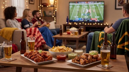 Exciting american football watch party at home cozy living room food and drinks spread vibrant atmosphere group gathering © kiatipol