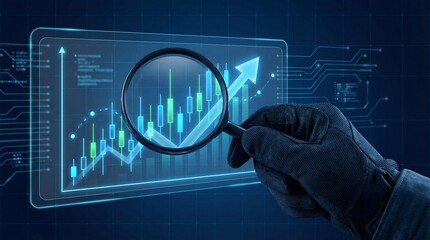 Closeup hand holding magnifying glass analyzing market trends digital workspace tech environment focused view data visualization