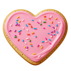 Heart-shaped sugar cookie with smooth pink frosting and vibrant confetti sprinkles, a cheerful and sweet treat for any celebration.