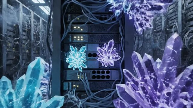Abstract Crystal Growth on Server Racks, Digital Data and Technology Theme