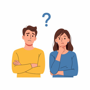 Confused couple thinking with question mark.