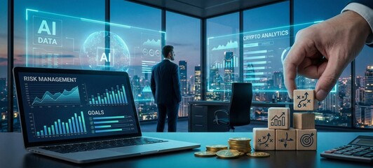 Corporate Strategy 2030: Blockchain Innovation, Artificial Intelligence, and Financial Goals
​Modern Fintech Concept: Cryptocurrency Investment, Risk Analysis Dashboard, and 2030 Vision