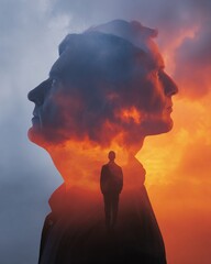 Double exposure human silhouette filled with quiet landscape, surreal stillness concept, copy space