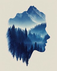 Double exposure human silhouette filled with quiet landscape, surreal stillness concept, copy space