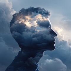 Human head double exposure with dream clouds and light, emotional wellbeing theme, copy space