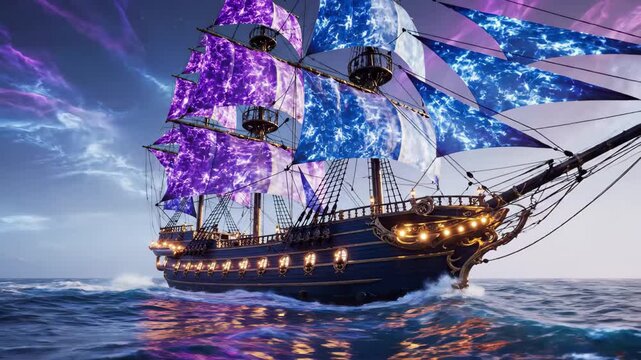 Fantasy galleon ship with glowing purple and blue lightning sails on choppy seas