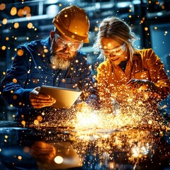 Industrial Teamwork with Digital Tablet and Sparks in Manufacturing Facility