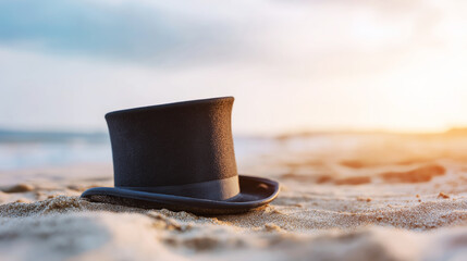 Top hat sitting alone on a beach during sunset, symbolizing elegance, solitude, and the unexpected blend of formal and casual
