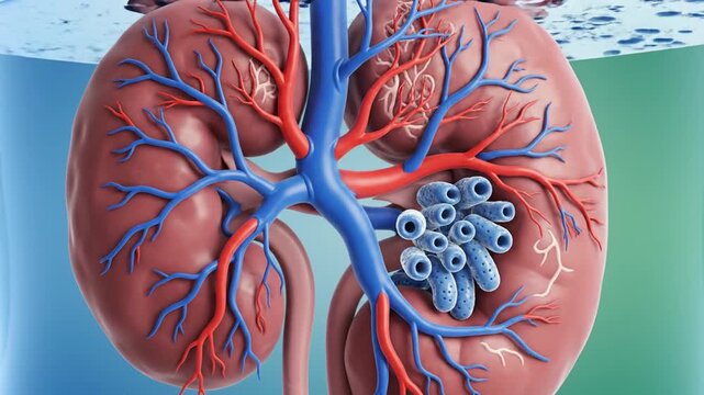 Human kidney with cysts, medical illustration, close-up, internal organ, disease, health, anatomy, renal, cystic, pathology, education