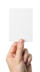 Hand holding blank card isolated on transparent background