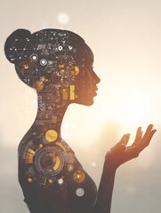 Human silhouette interacting with abstract emotional interface, future wellbeing concept, copy space