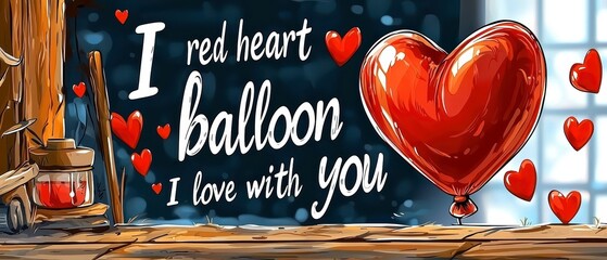 Romantic Love You Hearts & Red Balloon Illustration for Valentine's Day