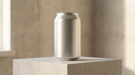 Blank Aluminum Can Mockup on Concrete Pedestal with Soft Natural Light